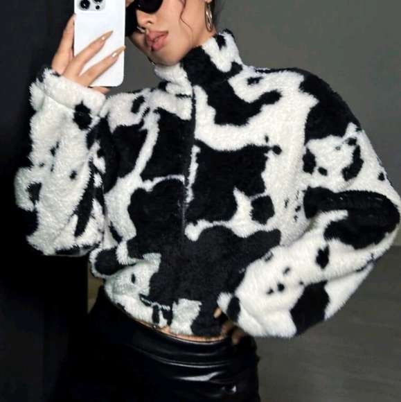 Unity Cow Pattern Drop Shoulder Teddy Jacket - Picture 1 of 6